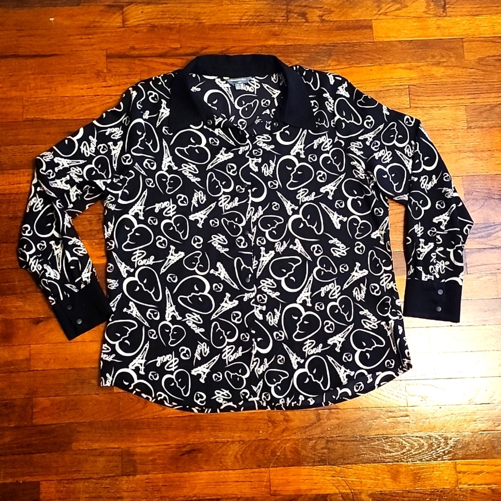 Stunning Catherine Malandrino Paris Black and White Long Sleeve Blouse